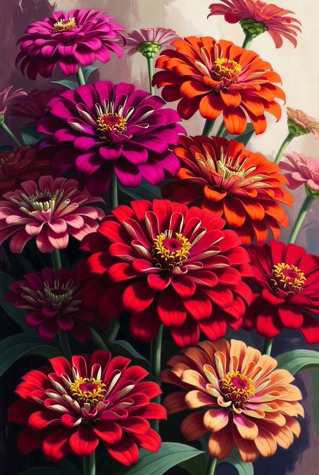 A vibrant digital painting of a dense cluster of zinnia flowers in vivid shades of red, pink, magenta, and orange with green stems and foliage.