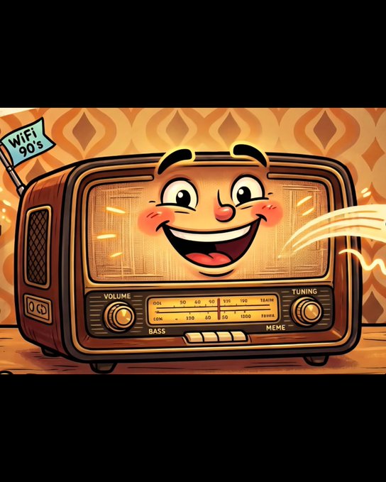 A cartoon illustration of a vintage retro television with an animated smiling face and blushing cheeks, broadcasting wireless waves, with a 'WiFi 90's' flag attached to its antenna against a retro orange patterned wallpaper.