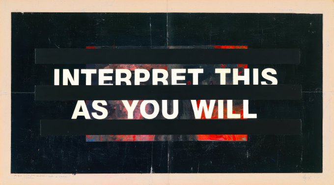 A graphic print with bold white text reading 'INTERPRET THIS AS YOU WILL' over a red and black background with horizontal black bars covering portions of the image.
