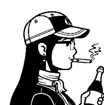 A black-and-white line drawing of a woman in profile wearing a baseball cap, dangling earring, and denim jacket, smoking a cigar while holding a bottle.