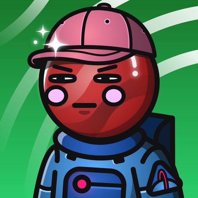A stylized cartoon astronaut character with a red face, pink cap, and blue spacesuit stands against a green swirling background, with a subtle "$" symbol visible on the suit's sleeve, reflecting the post's excitement about joining the @SpaceRidersXYZ community.