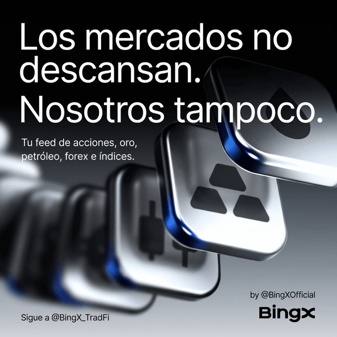 BingX cryptocurrency exchange advertisement in Spanish reading 'Los mercados no descansan. Nosotros tampoco. Tu feed de acciones, oro, petróleo, forex e índices.' by @BingXOfficial, with metallic app icons in the background.
