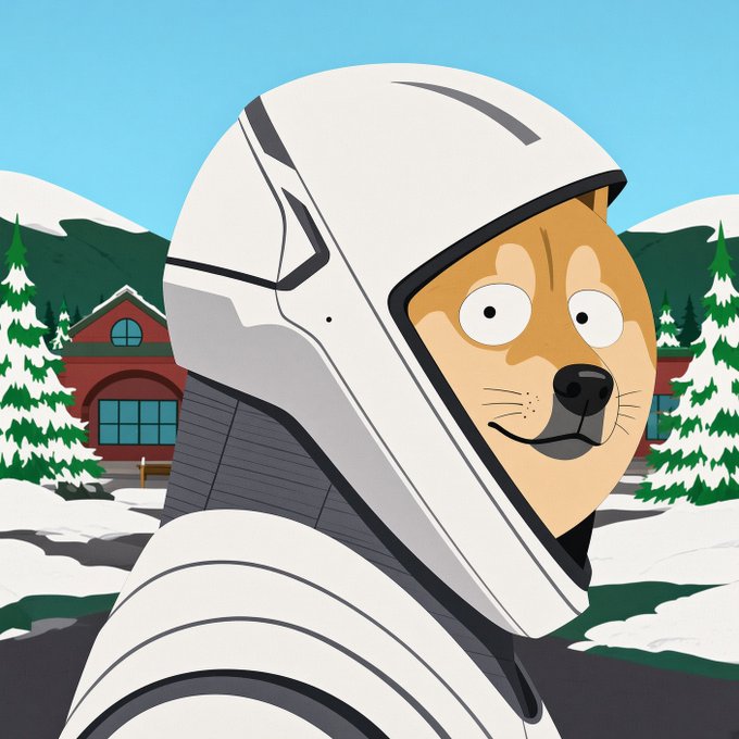 An animated Shiba Inu dog wearing a white astronaut-style spacesuit helmet stands against a snowy mountain backdrop with pine trees and a red cabin. The "Parkified." caption likely references the dog character being styled or "parked" in the image, a play on crypto/social media slang for someone appearing composed or stationary in a notable setting.