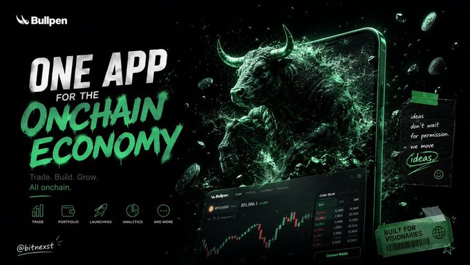 A promotional banner for Bullpen advertising 'ONE APP FOR THE ONCHAIN ECONOMY' featuring a green bull made of particles emerging from a smartphone, with features listed as Trade, Portfolio, Launchpad, Analytics, and More, tagged @bitnext.
