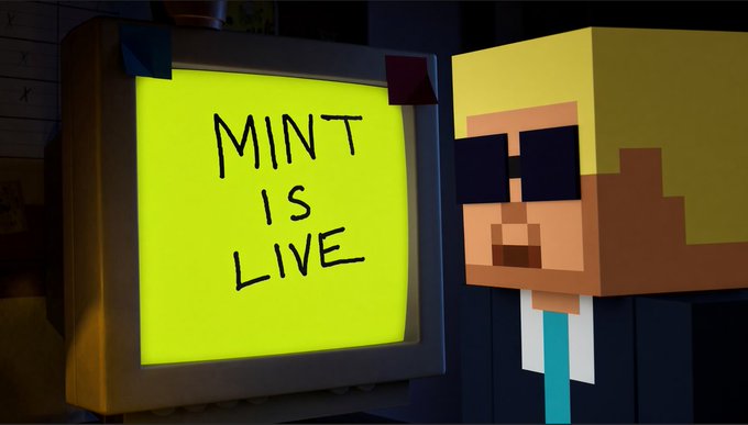 A 3D rendered scene featuring a blocky Minecraft-style character next to a yellow sign displaying 'MINT IS LIVE' in black handwritten text.