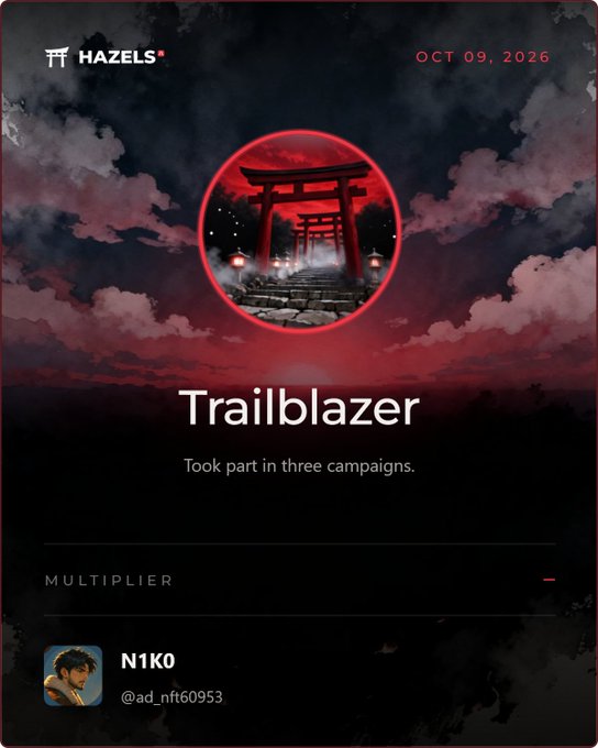 A 'Trailblazer' achievement screen from the Hazels app dated 'OCT 09, 2026', awarded to user 'N1K0' (@ad_nft60953) with the description 'Took part in three campaigns.'