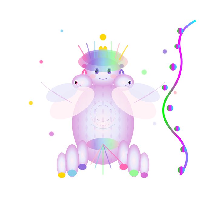 A colorful, translucent pastel illustration depicts a whimsical creature with a smiling central face flanked by two smaller dragon-like heads, a rainbow crown with antennae, delicate wings, and antennae-tipped legs, floating against a white background with scattered dots and a wavy rainbow tendril. The image matches the described "Unicorn-Hydra Hybrid" from Bestie #104 summoned by @Isidor12984, capturing its magical, multi-headed fantasy essence.