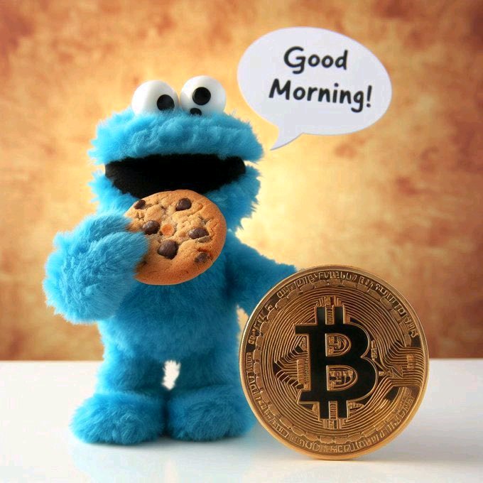The Cookie Monster plush says "Good Morning!" while holding a chocolate chip cookie next to a gold Bitcoin coin. The image ties into the post's "GM" (good morning) greeting, a popular greeting in crypto communities, while the Bitcoin prop visually represents the crypto market discussion the post invites.