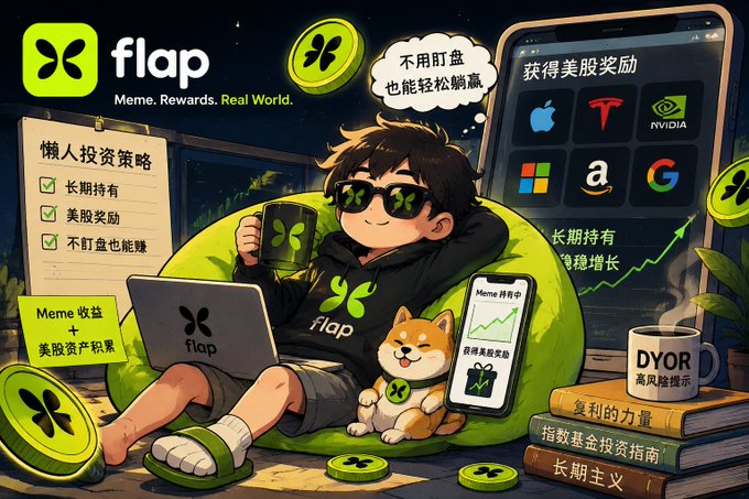 Promotional illustration for 'flap' - a meme rewards platform, depicting a boy with sunglasses relaxing with a laptop and a Shiba Inu dog, surrounded by US stock brand logos (Apple, Tesla, NVIDIA, Microsoft, Amazon, Google) and Chinese text about long-term holding strategies.