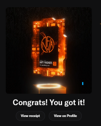 A digital receipt screen displaying 'Congrats! You got it!' for an NFT showing the 'NFA NFT FRIENDS' logo on an orange digital device graphic, with buttons to view receipt or profile.