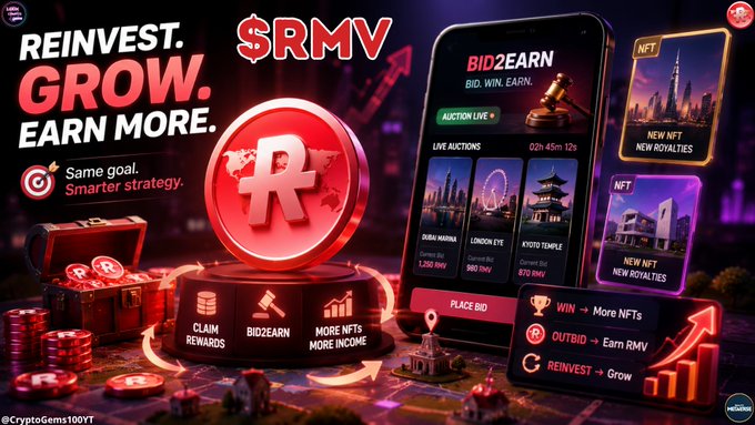 Promotional graphic for '$RMV' cryptocurrency featuring a red coin logo, with text 'REINVEST. GROW. EARN MORE. Same goal. Smarter strategy.' and a phone mockup showing 'BID2EARN' auction features including Dubai Marina, London Eye, and Kyoto Temple NFTs.
