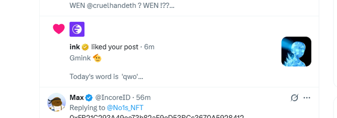 The image shows a social media comment thread where user "ink" with a verified badge likes the post and replies "Gmink" with a smiling emoji, stating "Today's word is 'qwo'..." This aligns with the main post promoting QWO as the alpha and teasing an upcoming OpenSea NFT collection from @inkonchain.