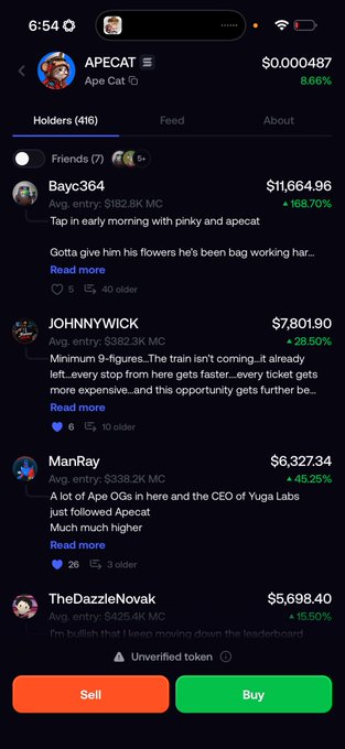 A screenshot of the APECAT ($0.000487) meme coin "Holders" tab on the ApeCat (Ape Cat) page, showing top holders including Bayc364 ($11,664.96), JOHNNYWICK ($7,801.90), ManRay ($6,327.34), and TheDazzleNovak ($5,698.40), reinforcing the post's boast that no holder on @fomo has an ApeCat bag comparable to a BAYC NFT and that investors are early ahead of @apecoin season.