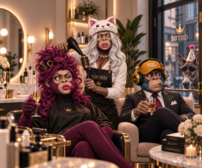 A humorous digital illustration of Bored Ape characters in a salon setting, with one purple ape getting its hair styled by a white-haired ape, while a suited ape smokes a cigar, alongside the '$BTRD' logo and a donkey in the background.