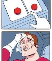 A two-panel cartoon showing a finger pressing a red button on a panel, followed by a sweating man wiping his forehead in panic.