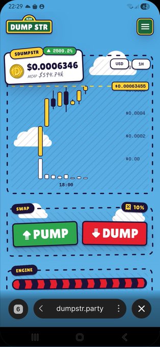 A mobile app screenshot of 'DUMP STR' showing a candlestick chart, a $0.0006346 value, and large green 'PUMP' and red 'DUMP' buttons with a '10%' swap indicator.