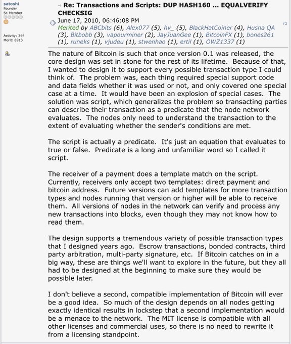 In this image, a screenshot or picture of text reading "On this day in history, Satoshi Nakamoto published one of their most important posts, 'The nature of Bitcoin is such that once version 0.1 was released, the core design was set in stone for the rest of its lifetime.'". The image is framed by an overlay that says "Focus on what is in the image and how it relates to this post", which suggests a connection between the content of the image and the post about Bitcoin.