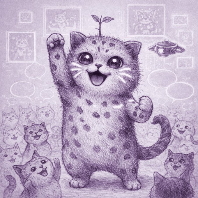 A whimsical purple-toned illustration features a cheerful spotted kitten with a sprout on its head, standing triumphantly with one paw raised in a cheering pose, surrounded by an adoring crowd of cats and speech bubbles. A small UFO hovers nearby, and the speech bubbles reference the NFT's dynamic creation based on Ethos Network traits like "community builder," "enthusiast," and "epic tier vibe hype."