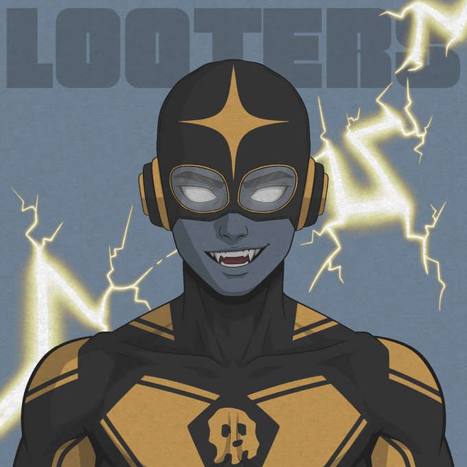 A stylized illustration of a superhero-like character with a black and gold mask, fangs, and a skull emblem on the chest, with the word "LOOTERS" displayed across the top against a background of lightning bolts. The image serves as branded artwork for the Looters NFT collection mentioned in the giveaway post, which announces 3 GTD spots for a mint on August 6 at 5 PM UTC with an 8888 supply at 0.0024 ETH.
