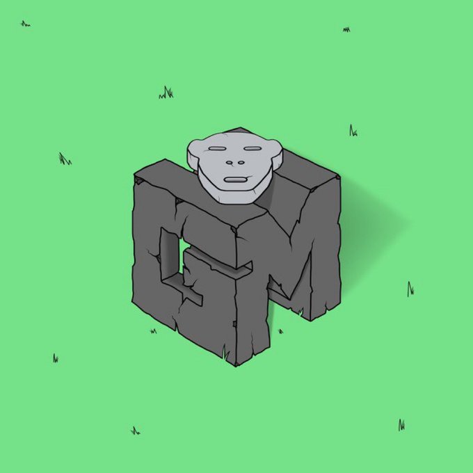 A 3D render of a gray, blocky, stone-like creature with an ape or troll face sitting on a green grass background.