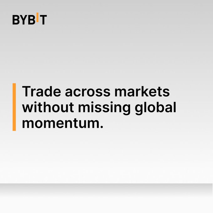 The image displays a Bybit-branded graphic with the tagline "Trade across markets without missing global momentum." It reinforces the post's message by visually emphasizing Bybit's unified platform for trading diverse asset classes, including crypto, stocks, commodities, and indices, from a single interface.