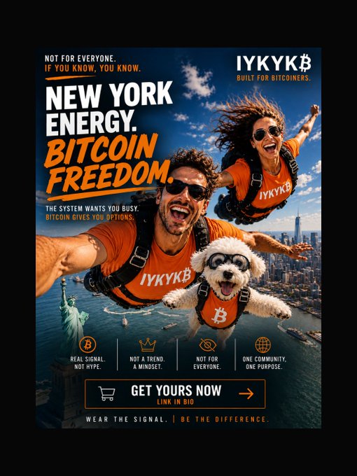 This is a promotional poster for IYKYKB Bitcoin-themed apparel, featuring a man, woman, and small dog skydiving over New York City (with the Statue of Liberty and skyline visible) while wearing orange shirts emblazoned with "IYKYKB." The poster includes bold taglines like "NEW YORK ENERGY. BITCOIN FREEDOM." and "THE SYSTEM WANTS YOU BUSY. BITCOIN GIVES YOU OPTIONS," along with a "GET YOURS NOW" call-to-action—perfectly matching the post's excitement about the cool Bitcoin-themed shirts featuring a dog.