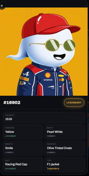 A digital profile page for collectible #16902 'LEGENDARY' featuring a white elephant-like character wearing a red racing cap, sunglasses, and a blue and red racing jacket, detailing attributes like Yellow, Smiley, and Racing Red Cap.