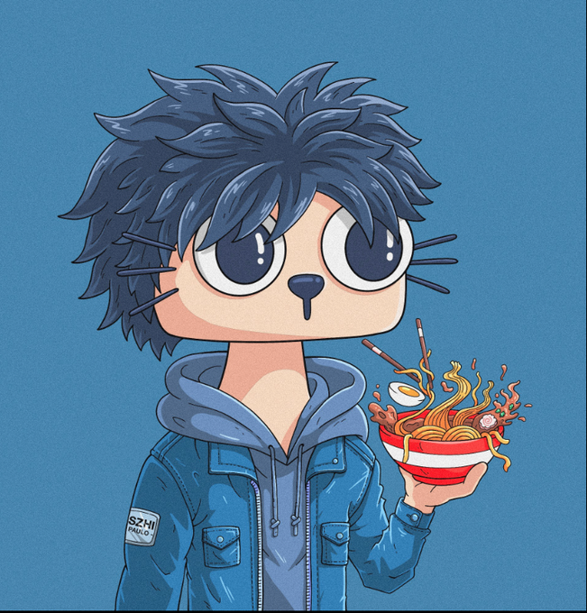 A cartoon illustration of a character with spiky dark blue hair and large eyes wearing a denim jacket, holding a bowl of ramen with chopsticks and a soft-boiled egg against a blue background.