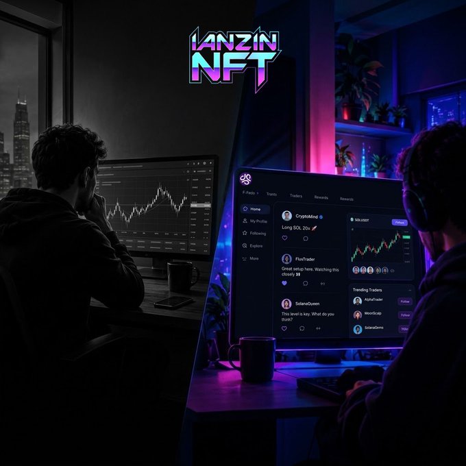 A split-screen image shows a lone trader studying candlestick charts on the left under cool blue lighting, contrasted with a social trading platform interface on the right featuring trader profiles like "CryptoKing," "FluxTrader," and "SolanaQueen" alongside "Trending Traders" such as "AlphaTrader," under the "LANZIN NFT" logo. The visual captures the post's message about transforming solitary chart-watching into a connected social trading experience via Aeonian.