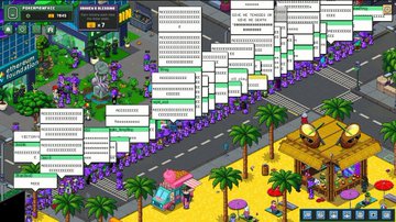A screenshot from a city-building simulation game (likely Tropical Paradise Tycoon) showing numerous system messages/notifications stacked in the center, with purple-hued buildings, palm trees, and a beach area visible.