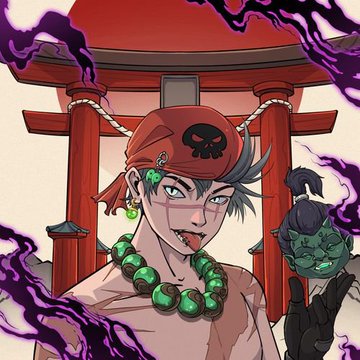An anime-style illustration of a character wearing an orange bandana with a black skull logo, green beaded necklace, and dangling earrings, surrounded by purple dark energy in front of a red Japanese torii gate.