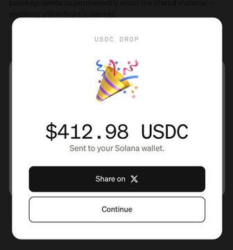 This image shows a $412.98 USDC drop confirmation, likely representing Wave 1 of the Paybox USDC airdrop by Moonpay. The celebratory confetti graphic visually reinforces the excitement of receiving the airdrop.