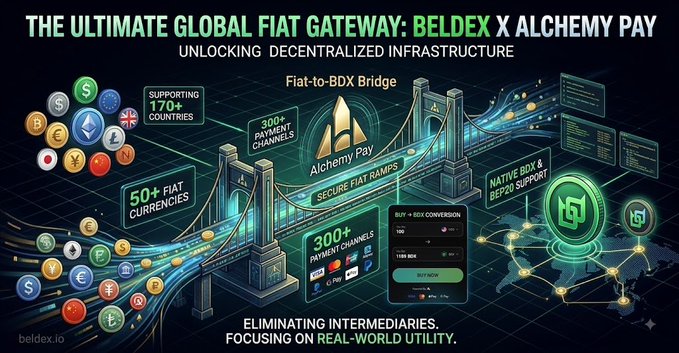A promotional graphic for 'Beldex x Alchemy Pay' as 'The Ultimate Global Fiat Gateway,' highlighting 170+ supported countries, 300+ payment channels, and 50+ fiat currencies with illustrations of bridges connecting traditional finance and crypto.