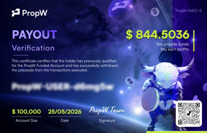 The image features a promotional poster for a trading platform called PropW! Promote payment verification with this trade. A large white bull statue has its horns blown out by lights. Below, there's text about the benefits of using PropW!. It appears that the poster is related to a contest or promotion, as it mentions "Win with PropW!", which suggests an entry is required for those interested in participating in the trading activity. The poster states that this transaction has been confirmed, and payment has already been processed, so money can be expected soon.