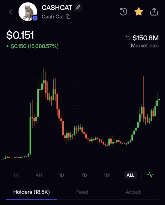 A meme coin tracker displaying CASHCAT at $0.151 with a $150.8M market cap, showing an "ALL" timeframe candlestick chart with a 15,688.57% gain. The post teases "you know what happens next $cashcat," referencing the chart's recent sharp upward spike after a prolonged dip, implying anticipation of another explosive rally.