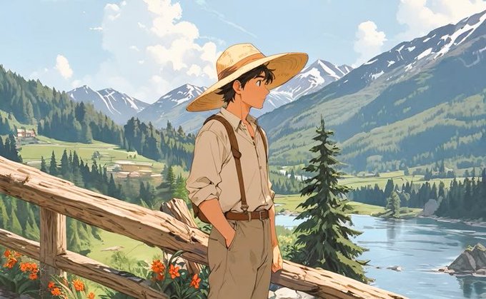 An anime-style illustration of a farmer in a straw hat, white shirt, and suspenders leaning against a wooden fence, overlooking a lush valley with mountains, pine trees, a river, and wildflowers.