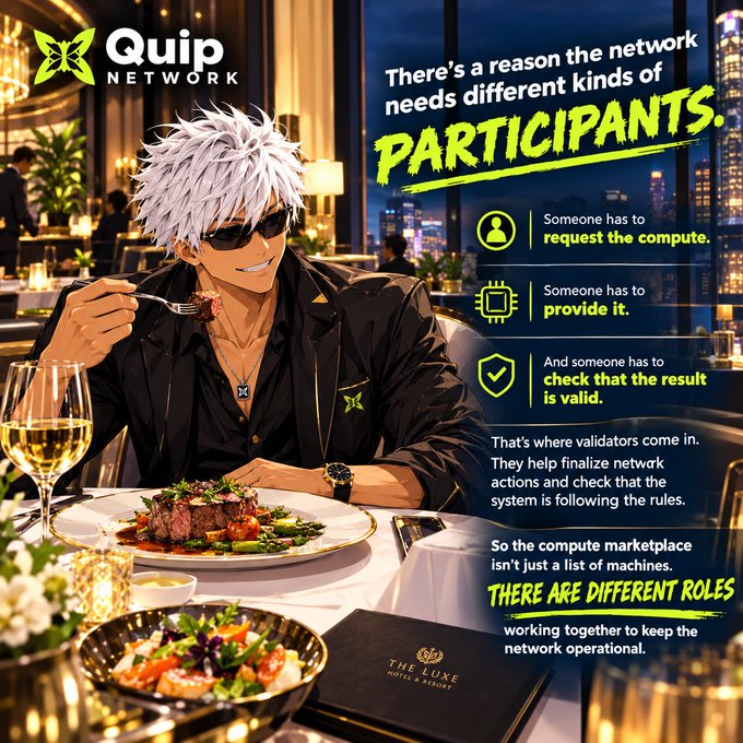 A promotional graphic for 'Quip NETWORK' features an anime-style character dining at a luxurious restaurant, with text explaining network 'PARTICIPANTS' and the roles of validators in 'THE LUXE HOTEL & RESORT.'