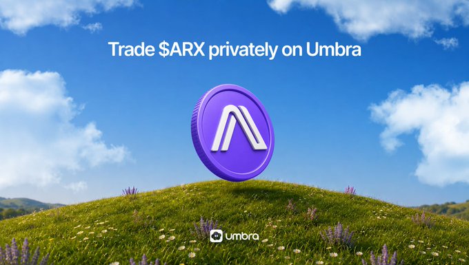 A purple token featuring the "ARX" logo floats above a grassy hill under a blue sky, with text announcing "Trade $ARX privately on Umbra." The image illustrates the post's message that any token, in this case $ARX, can be traded privately on the Umbra platform via Solana.