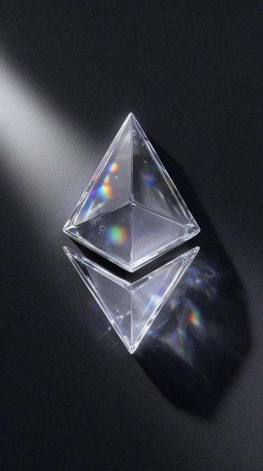 A transparent crystal pyramid/prism photographed on a reflective black surface, creating rainbow light refractions and a mirror reflection beneath it.