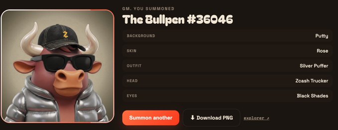 A digital profile card showing a 3D-rendered bull character named 'The Bullpen #36046' wearing a 'Zcash Trucker' cap, 'Black Shades' eyes, and a 'Silver Puffer' jacket, with options to 'Summon another' or 'Download PNG'.