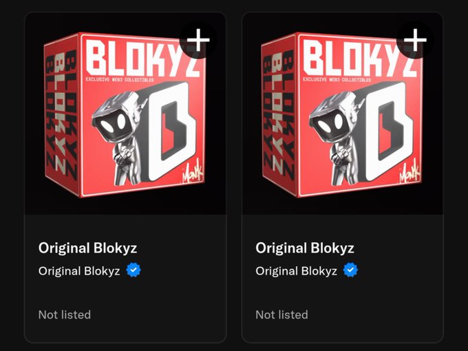 Two identical NFT listings for 'Original Blokyz' (exclusive Web3 collectibles) by artist 'Mad', shown as 3D black character figures on red boxes, both marked as 'Not listed'.