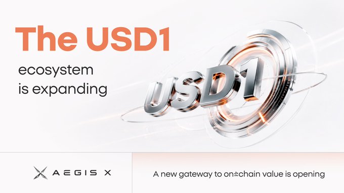 A promotional graphic from AEGIS X announces the expansion of the USD1 ecosystem with the headline "The USD1 ecosystem is expanding" and tagline "A new gateway to onchain value is opening," featuring a metallic 3D rendering of "USD1" surrounded by orbital rings, reinforcing the post's message about unlocking Web3 value through stablecoin infrastructure.