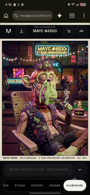 A mobile screenshot of the Mox marketplace displaying a MAYC #4500 NFT from Mutant Ape Yacht Club's The Clubhouse collection, featuring a green-skinned ape with a crown, pink headpiece, and studded leather jacket celebrating a 5 year anniversary (2021-2026).