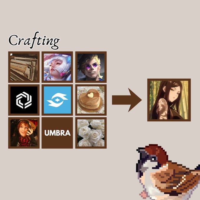 The image features a cartoon bird with a caption that reads "me in a nutshell: Syndra - game i play: League of Legends - chain in web3: Immutable - project i support:VERONA - treat i can eat for life: pancakes - artist i listen to: Hayley Williams - community i'm active at: UMBRA". The bird is positioned on the right side of the image, and it appears to be looking towards a person's face.