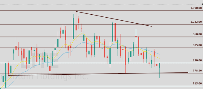 A candlestick chart showing price movement with moving average lines, displaying price levels ranging from 715.00 to 1,090.00, with a watermark indicating 'tum Holdings Inc.'