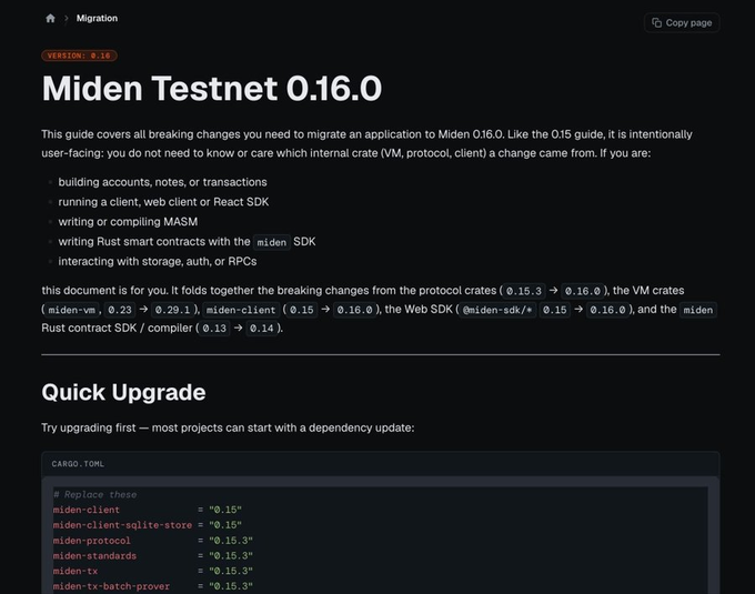 A screenshot of a webpage titled 'Miden Testnet 0.16.0' displaying migration guide documentation with code snippets in a dark theme interface.