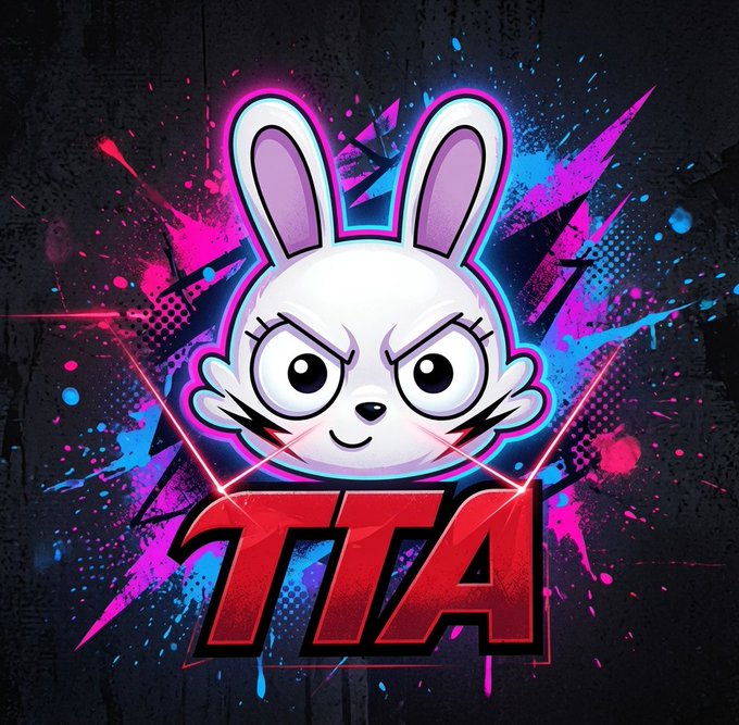 A neon-style graphic featuring an angry white bunny with glowing eyes above the red 3D text 'TITA', set against a dark splattered background.
