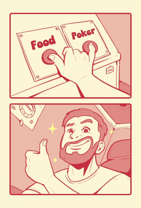 A two-panel comic illustration shows a hand pressing a 'Food' button instead of a 'Poker' button on a machine, followed by a smiling bearded man giving a thumbs up.