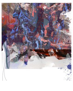 An abstract painting with thick impasto features expressive brushstrokes in blue, red, white, and grey on a light background.