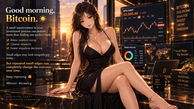An AI-generated promotional image featuring a woman in a black dress seated near trading screens, with text reading 'Good morning, Bitcoin', 'A small improvement in your investment process can matter more than finding one perfect trade', and Bitcoin/crypto trading related tips.